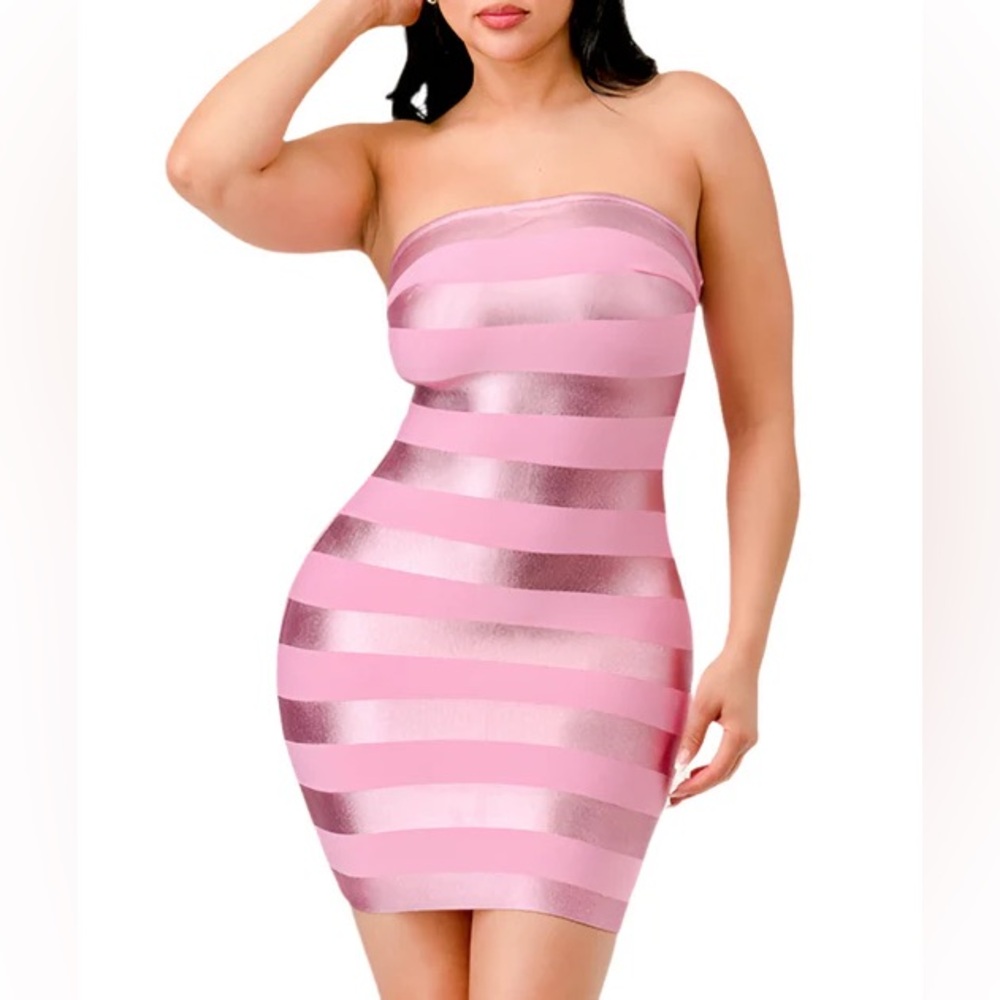 Pink Metallic Bodycon Bandage Dress